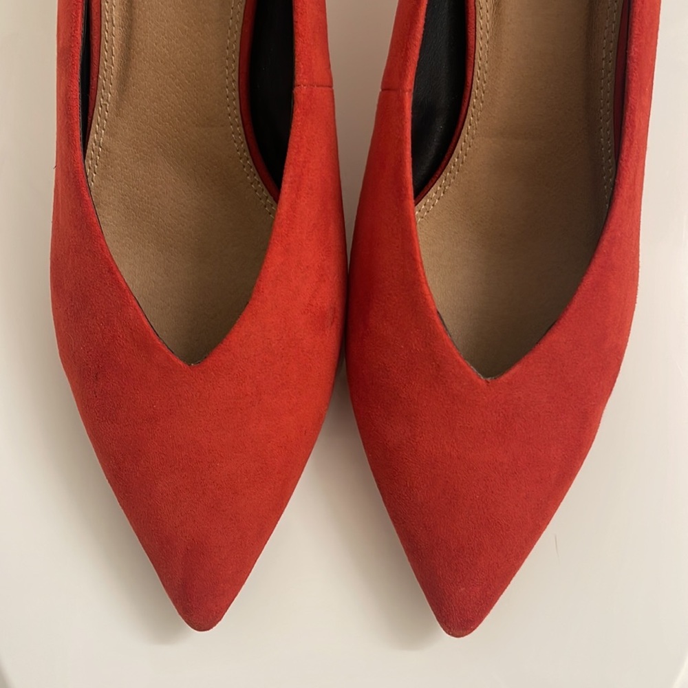 Red pointed toe kitten heels